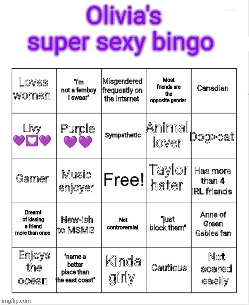 Olivia's super sexy bingo (fixed) | image tagged in olivia's super sexy bingo fixed | made w/ Imgflip meme maker