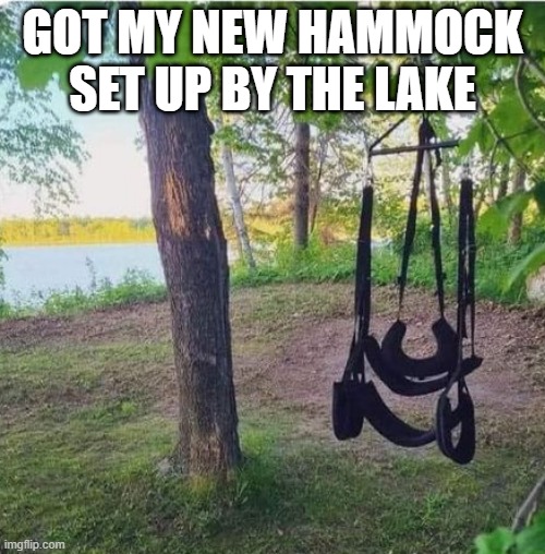 "Hammock" | GOT MY NEW HAMMOCK SET UP BY THE LAKE | image tagged in sex jokes | made w/ Imgflip meme maker