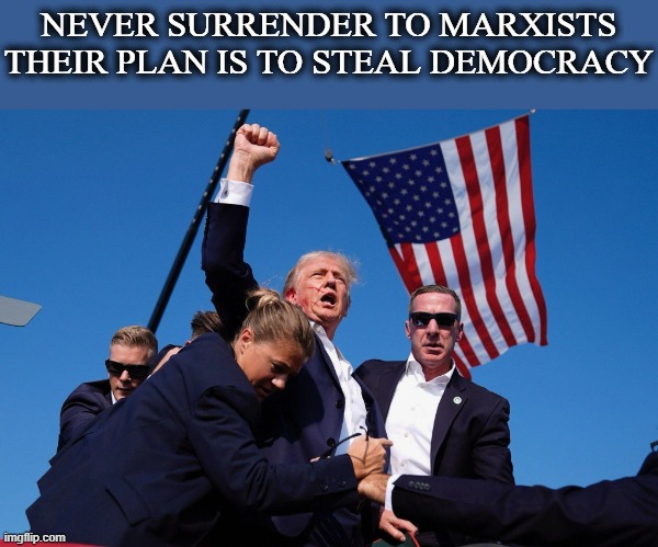 Democracy | NEVER SURRENDER TO MARXISTS THEIR PLAN IS TO STEAL DEMOCRACY | image tagged in trump never surrender | made w/ Imgflip meme maker
