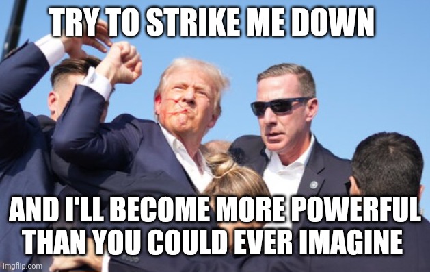 Donald Trump | TRY TO STRIKE ME DOWN; AND I'LL BECOME MORE POWERFUL THAN YOU COULD EVER IMAGINE | image tagged in donald trump | made w/ Imgflip meme maker