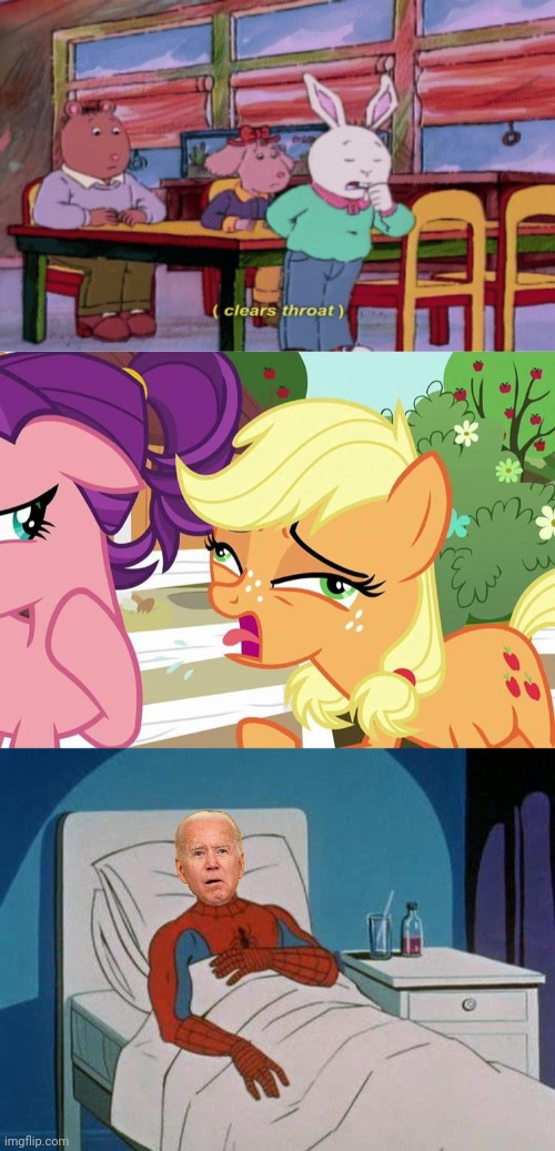 image tagged in clears throat no,applejack coughing,memes,spiderman hospital | made w/ Imgflip meme maker