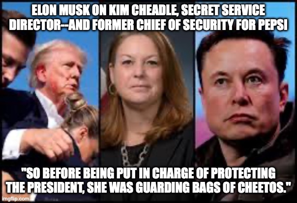 Elon Musk on Kim Cheadle, Secret Service Director--and Former Chief of Security at Pepsi | ELON MUSK ON KIM CHEADLE, SECRET SERVICE DIRECTOR--AND FORMER CHIEF OF SECURITY FOR PEPSI; "SO BEFORE BEING PUT IN CHARGE OF PROTECTING THE PRESIDENT, SHE WAS GUARDING BAGS OF CHEETOS." | image tagged in assassination,trump assassinationn,elon musk,kim cheadle,donald trump,trump | made w/ Imgflip meme maker
