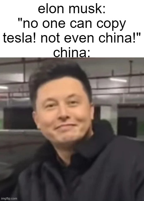 can't copy the brand, copy the owner | elon musk: "no one can copy tesla! not even china!"
china: | image tagged in yes | made w/ Imgflip meme maker