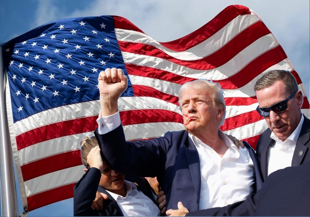 High Quality Uncle Trump fist pump with old glory standing tall behind him. Blank Meme Template