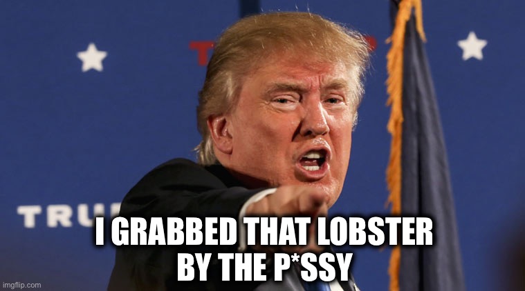 trump-angry-finger-fake-news | I GRABBED THAT LOBSTER
BY THE P*SSY | image tagged in trump-angry-finger-fake-news | made w/ Imgflip meme maker