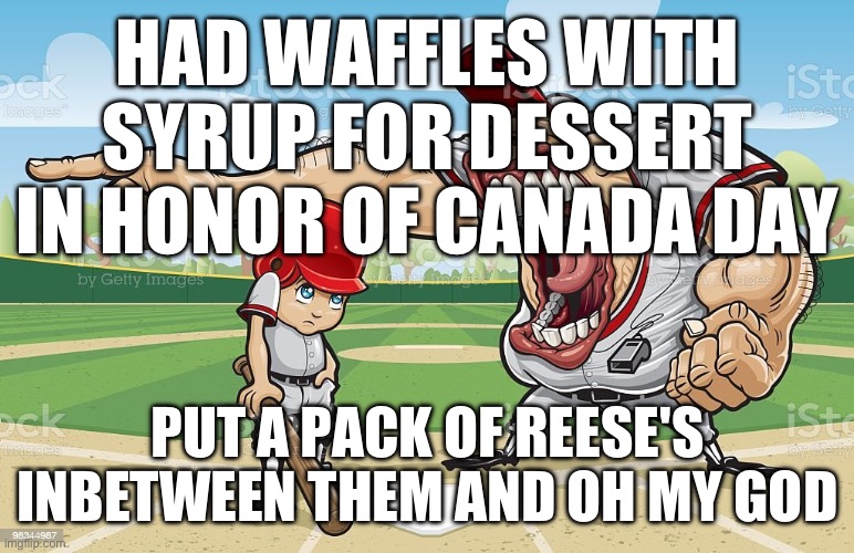 Baseball coach yelling at kid | HAD WAFFLES WITH SYRUP FOR DESSERT IN HONOR OF CANADA DAY; PUT A PACK OF REESE'S INBETWEEN THEM AND OH MY GOD | image tagged in baseball coach yelling at kid | made w/ Imgflip meme maker