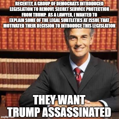 What it comes down to | RECENTLY, A GROUP OF DEMOCRATS INTRODUCED LEGISLATION TO REMOVE SECRET SERVICE PROTECTION FROM TRUMP.  AS A LAWYER, I WANTED TO EXPLAIN SOME OF THE LEGAL SUBTLETIES AT ISSUE THAT MOTIVATED THEIR DECISION TO INTRODUCE THIS LEGISLATION; THEY WANT TRUMP ASSASSINATED | image tagged in lawyer | made w/ Imgflip meme maker