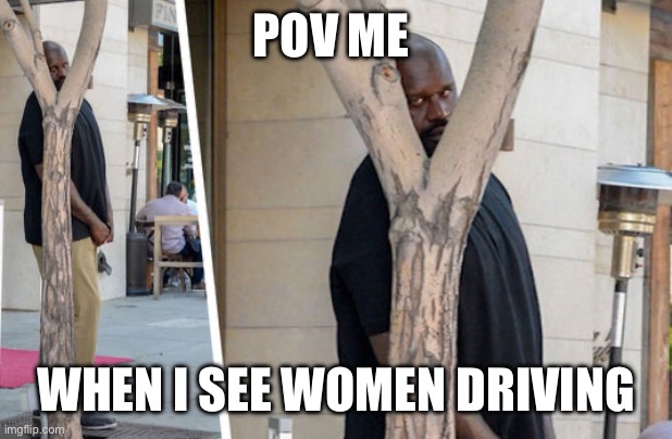 Shaq hiding | POV ME; WHEN I SEE WOMEN DRIVING | image tagged in shaq hiding | made w/ Imgflip meme maker