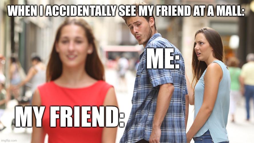 Cheating | WHEN I ACCIDENTALLY SEE MY FRIEND AT A MALL:; ME:; MY FRIEND: | image tagged in friends | made w/ Imgflip meme maker