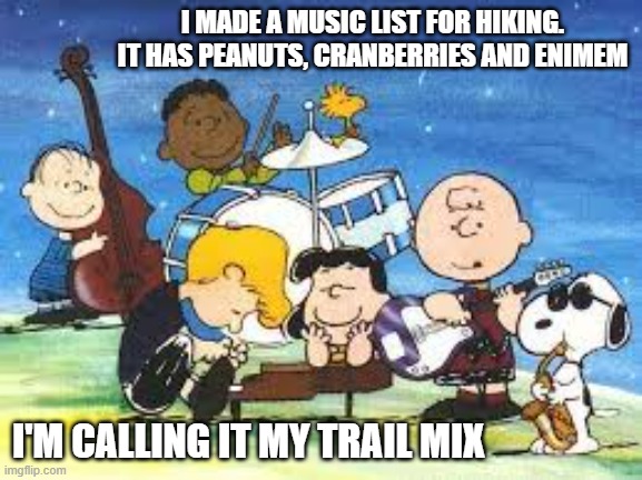 memes by Brad - I made a musical mix for when I go hiking - humor | I MADE A MUSIC LIST FOR HIKING. IT HAS PEANUTS, CRANBERRIES AND ENIMEM; I'M CALLING IT MY TRAIL MIX | image tagged in funny,fun,peanuts charlie brown peppermint patty,eminem,music meme,humor | made w/ Imgflip meme maker