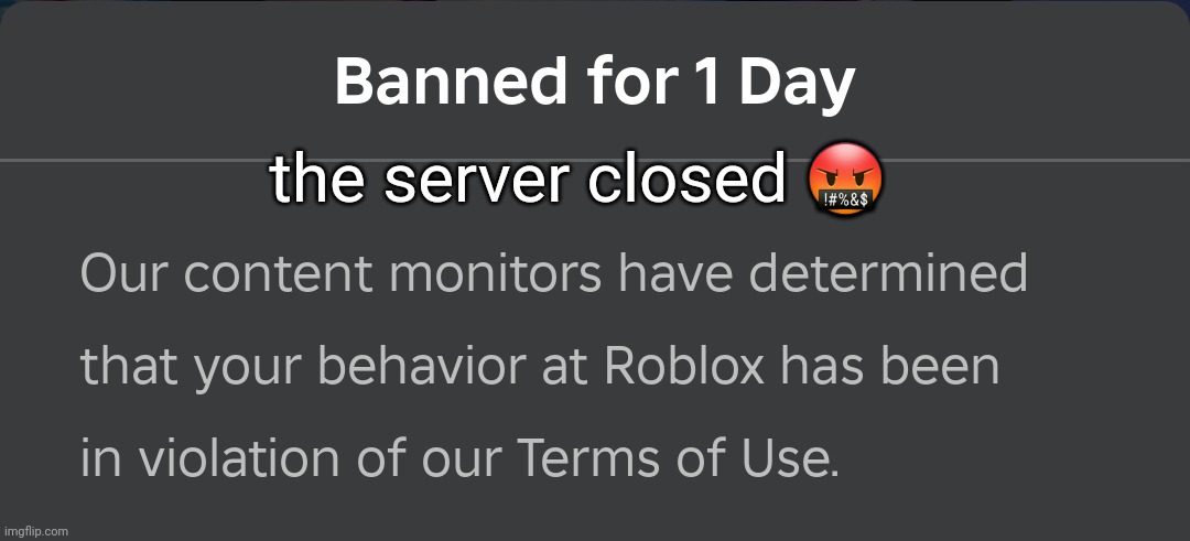banned for 1 day | the server closed 🤬 | image tagged in banned for 1 day | made w/ Imgflip meme maker