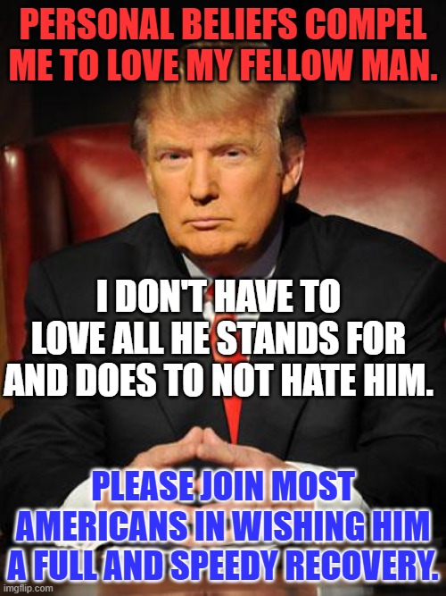 "Let he, among you, who is without sin, cast the first stone." | PERSONAL BELIEFS COMPEL ME TO LOVE MY FELLOW MAN. I DON'T HAVE TO LOVE ALL HE STANDS FOR AND DOES TO NOT HATE HIM. PLEASE JOIN MOST AMERICANS IN WISHING HIM A FULL AND SPEEDY RECOVERY. | image tagged in serious trump | made w/ Imgflip meme maker