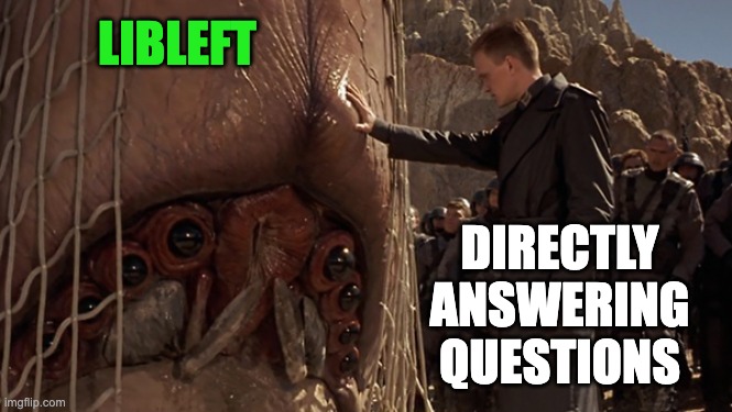 It's Afraid | LIBLEFT; DIRECTLY ANSWERING QUESTIONS | image tagged in it's afraid | made w/ Imgflip meme maker