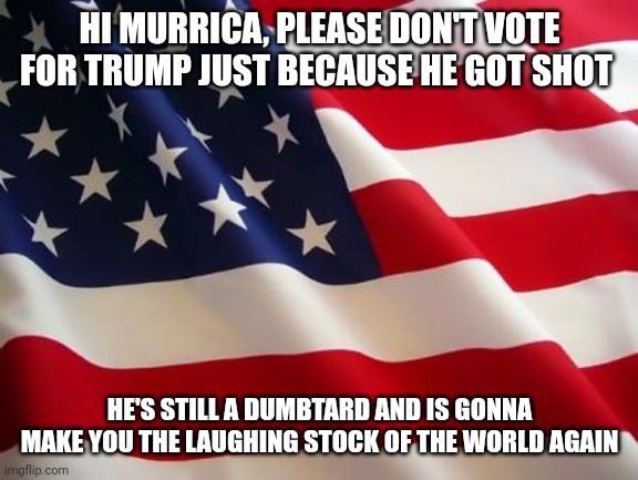 Attentively, yours truly. | HI MURRICA, PLEASE DON'T VOTE FOR TRUMP JUST BECAUSE HE GOT SHOT; HE'S STILL A DUMBTARD AND IS GONNA MAKE YOU THE LAUGHING STOCK OF THE WORLD AGAIN | image tagged in american flag | made w/ Imgflip meme maker