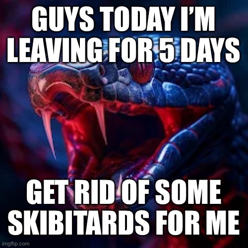 Ye | GUYS TODAY I’M LEAVING FOR 5 DAYS; GET RID OF SOME SKIBITARDS FOR ME | image tagged in snakevenom announcement template | made w/ Imgflip meme maker