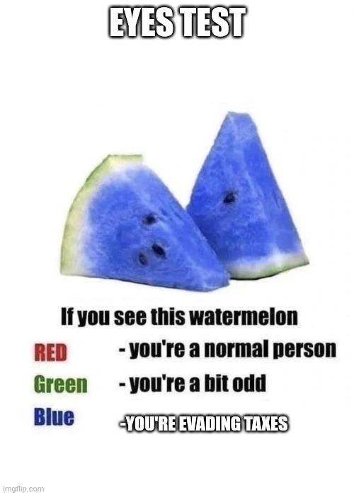 Eye test | EYES TEST; -YOU'RE EVADING TAXES | image tagged in blue watermelon | made w/ Imgflip meme maker