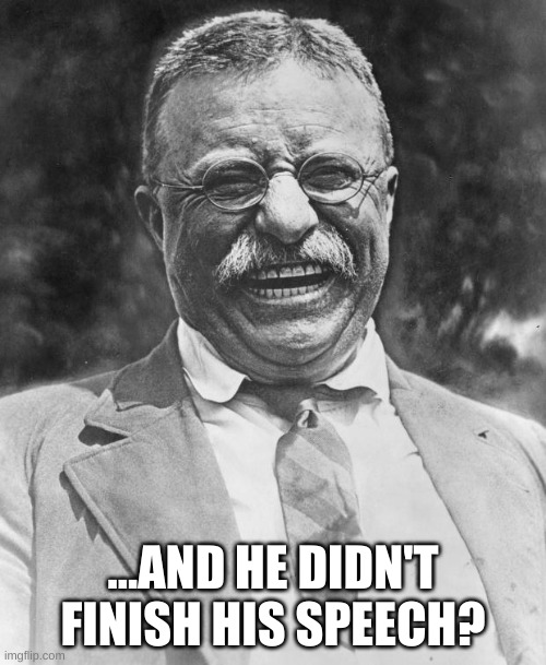...It take more than that to take down a bull moose. | ...AND HE DIDN'T FINISH HIS SPEECH? | image tagged in teddy roosevelt,trump,fake assassination attempt,fake news,false flag,too bad they missed | made w/ Imgflip meme maker