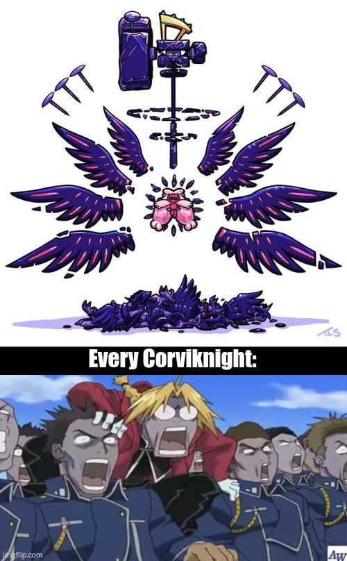 Gigantamax Tinkaton is about to end Corviknight's whole career. | Every Corviknight: | image tagged in tinkaton,corviknight | made w/ Imgflip meme maker