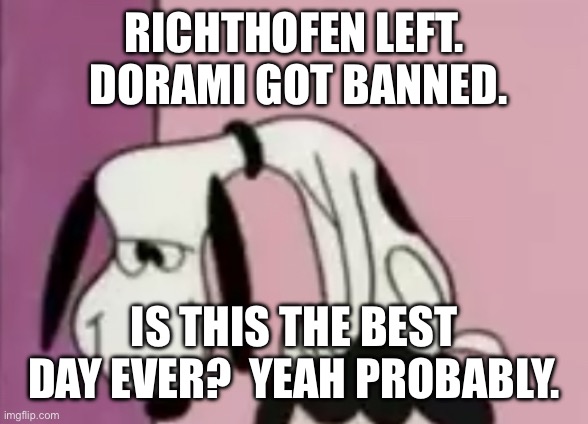 The snoops | RICHTHOFEN LEFT.  DORAMI GOT BANNED. IS THIS THE BEST DAY EVER?  YEAH PROBABLY. | image tagged in the snoops | made w/ Imgflip meme maker