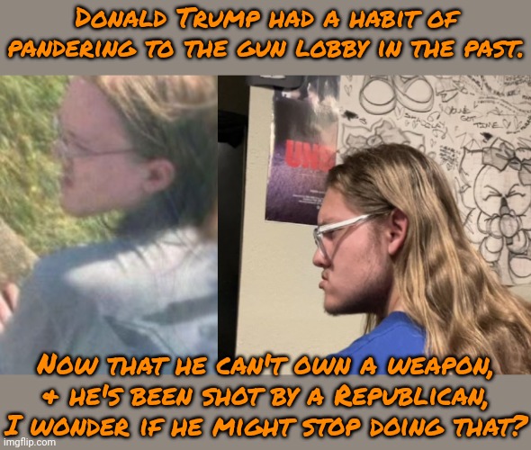 He's not known for being consistent, after all. | Donald Trump had a habit of pandering to the gun lobby in the past. Now that he can't own a weapon, & he's been shot by a Republican, I wonder if he might stop doing that? | image tagged in thomas matthew crooks,second amendment,consequences,hope and change,nra | made w/ Imgflip meme maker