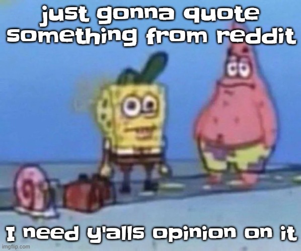 sponge and pat | just gonna quote something from reddit; I need y'alls opinion on it | image tagged in sponge and pat | made w/ Imgflip meme maker