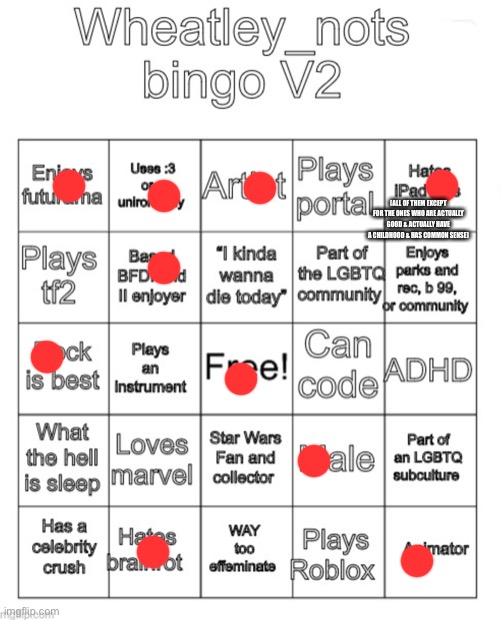Wheatley_nots bingo V2 | (ALL OF THEM EXCEPT FOR THE ONES WHO ARE ACTUALLY GOOD & ACTUALLY HAVE A CHILDHOOD & HAS COMMON SENSE) | image tagged in wheatley_nots bingo v2 | made w/ Imgflip meme maker