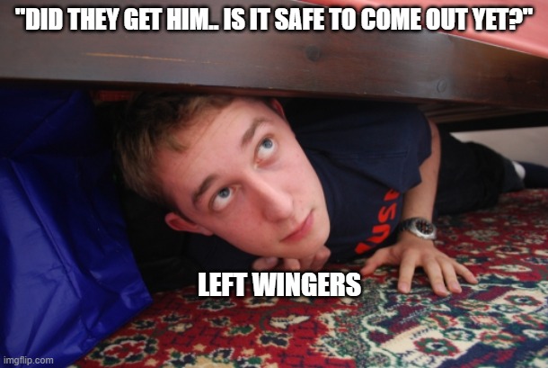 lefties Can't stand the idea of someone they hate being better than them. | "DID THEY GET HIM.. IS IT SAFE TO COME OUT YET?"; LEFT WINGERS | image tagged in stupid liberals,funny memes,truth,freedom,political meme,donald trump approves | made w/ Imgflip meme maker