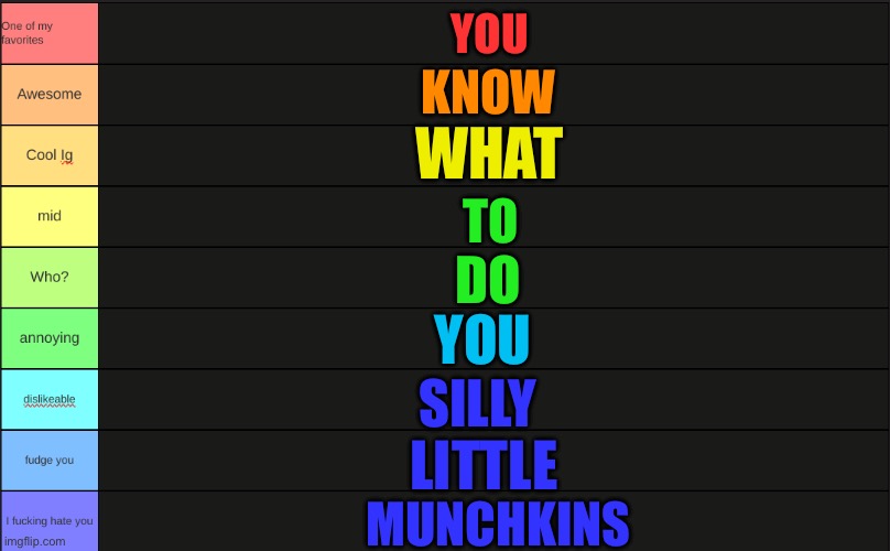 Potassium Tier List | YOU; KNOW; WHAT; TO; DO; YOU; SILLY; LITTLE; MUNCHKINS | image tagged in potassium tier list | made w/ Imgflip meme maker