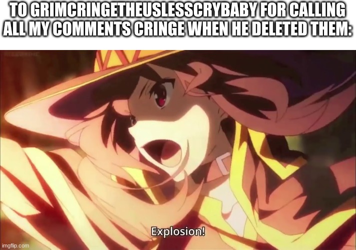 Megumin Konosuba Explosion! | TO GRIMCRINGETHEUSLESSCRYBABY FOR CALLING ALL MY COMMENTS CRINGE WHEN HE DELETED THEM: | image tagged in megumin konosuba explosion | made w/ Imgflip meme maker