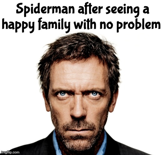 Why he always suffer | Spiderman after seeing a happy family with no problem | image tagged in dr house | made w/ Imgflip meme maker