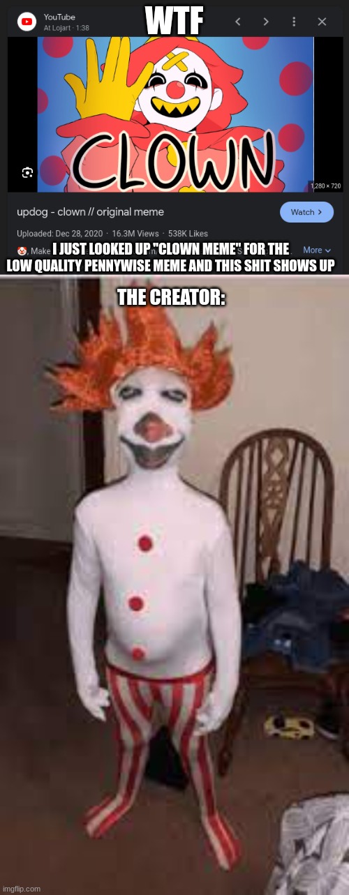 Wtf mane | WTF; I JUST LOOKED UP "CLOWN MEME" FOR THE LOW QUALITY PENNYWISE MEME AND THIS SHIT SHOWS UP; THE CREATOR: | image tagged in memes | made w/ Imgflip meme maker