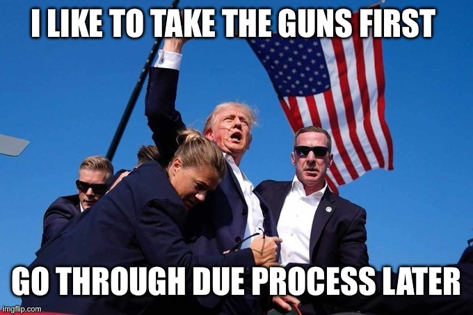 Trump Shot | I LIKE TO TAKE THE GUNS FIRST; GO THROUGH DUE PROCESS LATER | image tagged in trump shot | made w/ Imgflip meme maker