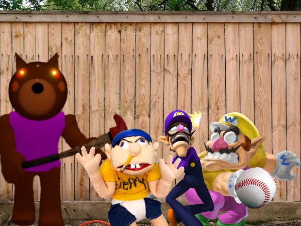 Wario,Waluigi and Jeffy dies by accidentally destroying Doggy's windows while playing baseball in their yard | image tagged in fence,doggy,jeffy,wario dies,waluigi,crossover | made w/ Imgflip meme maker