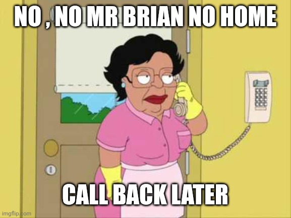 Consuela | NO , NO MR BRIAN NO HOME; CALL BACK LATER | image tagged in memes,consuela | made w/ Imgflip meme maker