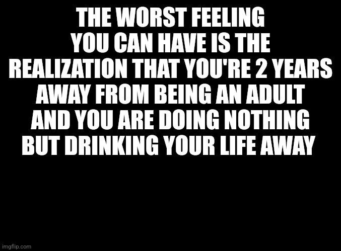 blank black | THE WORST FEELING YOU CAN HAVE IS THE REALIZATION THAT YOU'RE 2 YEARS AWAY FROM BEING AN ADULT AND YOU ARE DOING NOTHING BUT DRINKING YOUR LIFE AWAY | image tagged in blank black | made w/ Imgflip meme maker