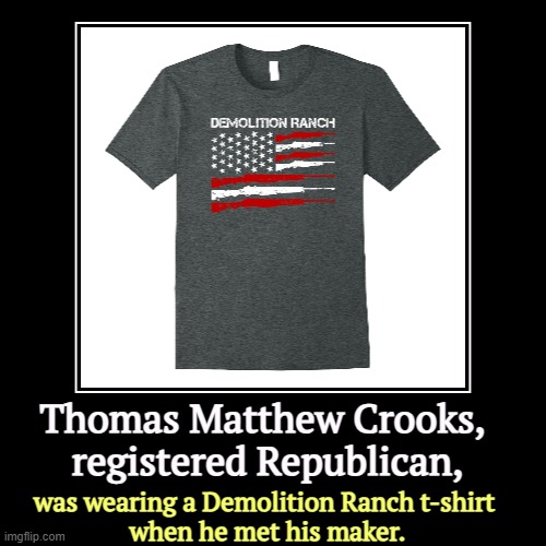America has 20 million AR-15s. I bet we could get by with half that number. | Thomas Matthew Crooks, 
registered Republican, | was wearing a Demolition Ranch t-shirt 
when he met his maker. | image tagged in funny,demotivationals,trump,assassination,guns,assault weapons | made w/ Imgflip demotivational maker