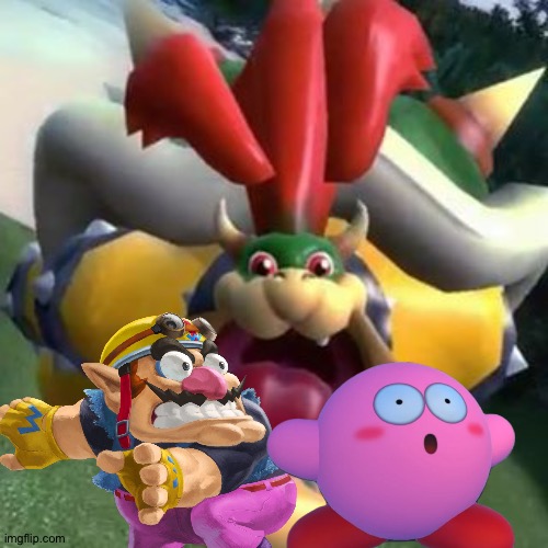 Wario and Kirby die by Bowser on lsd | image tagged in bowser on lsd,kirby,wario dies,wario,crossover | made w/ Imgflip meme maker