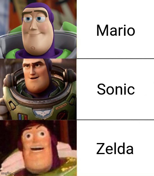 If games had faces: | Mario; Sonic; Zelda | image tagged in better best blurst lightyear edition | made w/ Imgflip meme maker