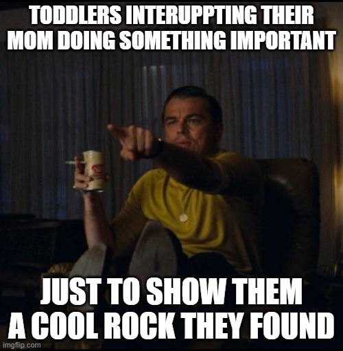 Leonardo DiCaprio Pointing | TODDLERS INTERUPPTING THEIR MOM DOING SOMETHING IMPORTANT; JUST TO SHOW THEM A COOL ROCK THEY FOUND | image tagged in leonardo dicaprio pointing,toddler | made w/ Imgflip meme maker