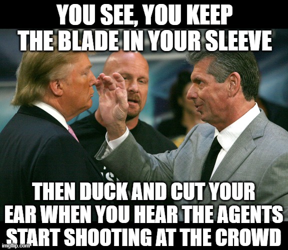 When "political theater" becomes "political WWE" | YOU SEE, YOU KEEP THE BLADE IN YOUR SLEEVE; THEN DUCK AND CUT YOUR EAR WHEN YOU HEAR THE AGENTS START SHOOTING AT THE CROWD | image tagged in fake,donald trump,vince mcmahon,blading | made w/ Imgflip meme maker