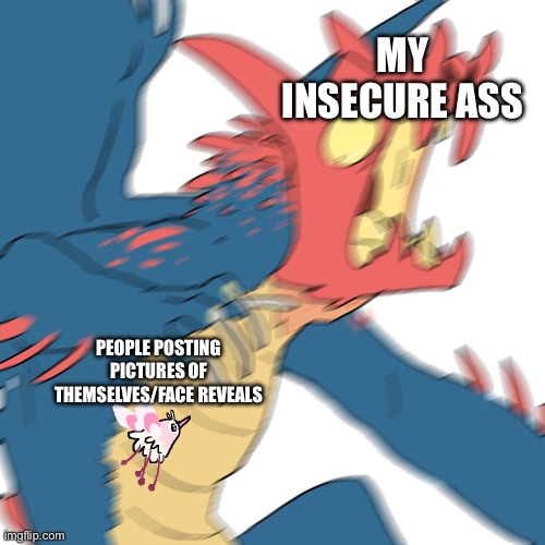 GET YOUR CONFIDENCE AWAY FROM ME! (I have never done a face reveal) | MY INSECURE ASS; PEOPLE POSTING PICTURES OF THEMSELVES/FACE REVEALS | image tagged in scared druddigon | made w/ Imgflip meme maker