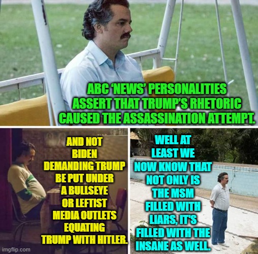 Now there is no question of it whatsoever . . . insane liars. | AND NOT BIDEN DEMANDING TRUMP BE PUT UNDER A BULLSEYE OR LEFTIST MEDIA OUTLETS EQUATING TRUMP WITH HITLER. ABC ‘NEWS’ PERSONALITIES ASSERT THAT TRUMP’S RHETORIC CAUSED THE ASSASSINATION ATTEMPT. WELL AT LEAST WE NOW KNOW THAT NOT ONLY IS THE MSM FILLED WITH LIARS, IT'S FILLED WITH THE INSANE AS WELL. | image tagged in sad pablo escobar | made w/ Imgflip meme maker
