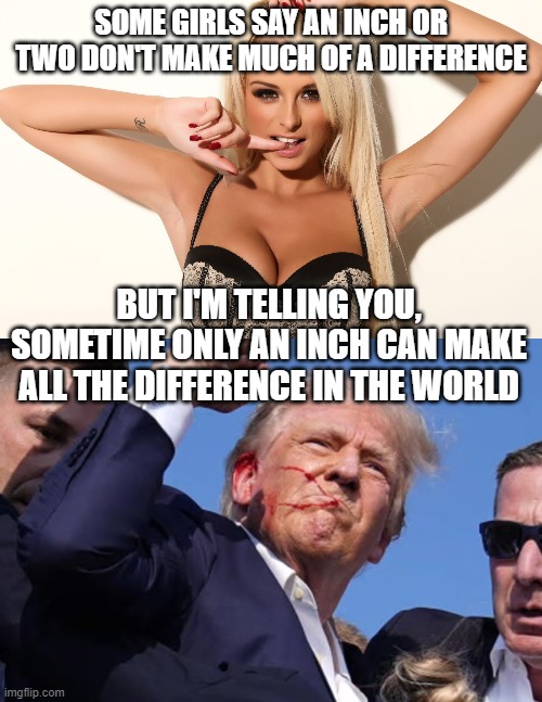 I can sacrifice an inch for the cause | SOME GIRLS SAY AN INCH OR TWO DON'T MAKE MUCH OF A DIFFERENCE; BUT I'M TELLING YOU, SOMETIME ONLY AN INCH CAN MAKE ALL THE DIFFERENCE IN THE WORLD | image tagged in sexy girl,trump rally shooting,dark humor,donald trump,shooting,irony | made w/ Imgflip meme maker