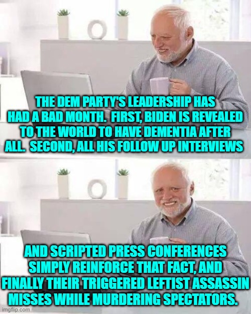 It is what it is. | THE DEM PARTY'S LEADERSHIP HAS HAD A BAD MONTH.  FIRST, BIDEN IS REVEALED TO THE WORLD TO HAVE DEMENTIA AFTER ALL.  SECOND, ALL HIS FOLLOW UP INTERVIEWS; AND SCRIPTED PRESS CONFERENCES SIMPLY REINFORCE THAT FACT, AND FINALLY THEIR TRIGGERED LEFTIST ASSASSIN MISSES WHILE MURDERING SPECTATORS. | image tagged in hide the pain harold | made w/ Imgflip meme maker
