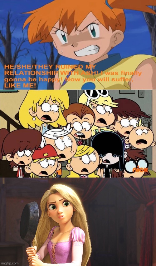 Rapunzel Saves Loud Kids From Misty Waterflower | image tagged in tangled,disney princess,frying pan,the loud house,pokemon,nickelodeon | made w/ Imgflip meme maker