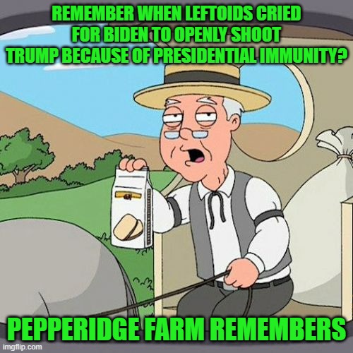 Just Like That | REMEMBER WHEN LEFTOIDS CRIED FOR BIDEN TO OPENLY SHOOT TRUMP BECAUSE OF PRESIDENTIAL IMMUNITY? PEPPERIDGE FARM REMEMBERS | image tagged in memes,pepperidge farm remembers | made w/ Imgflip meme maker