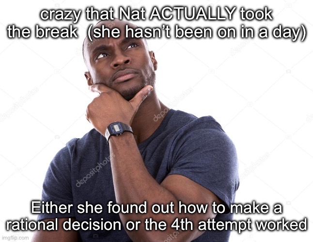 luckii | crazy that Nat ACTUALLY took the break  (she hasn’t been on in a day); Either she found out how to make a rational decision or the 4th attempt worked | image tagged in luckii | made w/ Imgflip meme maker