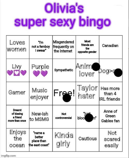 Olivia's super sexy bingo (fixed) | image tagged in olivia's super sexy bingo fixed | made w/ Imgflip meme maker