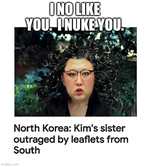 Woman's Wrath | I NO LIKE YOU.  I NUKE YOU. | image tagged in kim jong un,kim yo jong | made w/ Imgflip meme maker