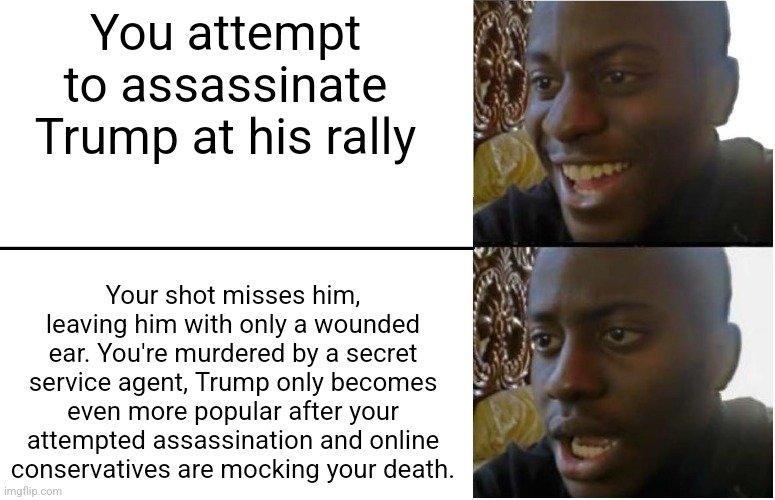 The assassin at Trump's rally had his plan backfire on him in the worst way possible | You attempt to assassinate Trump at his rally; Your shot misses him, leaving him with only a wounded ear. You're murdered by a secret service agent, Trump only becomes even more popular after your attempted assassination and online conservatives are mocking your death. | image tagged in disappointed black guy,donald trump,assassination,irony,dark humor | made w/ Imgflip meme maker